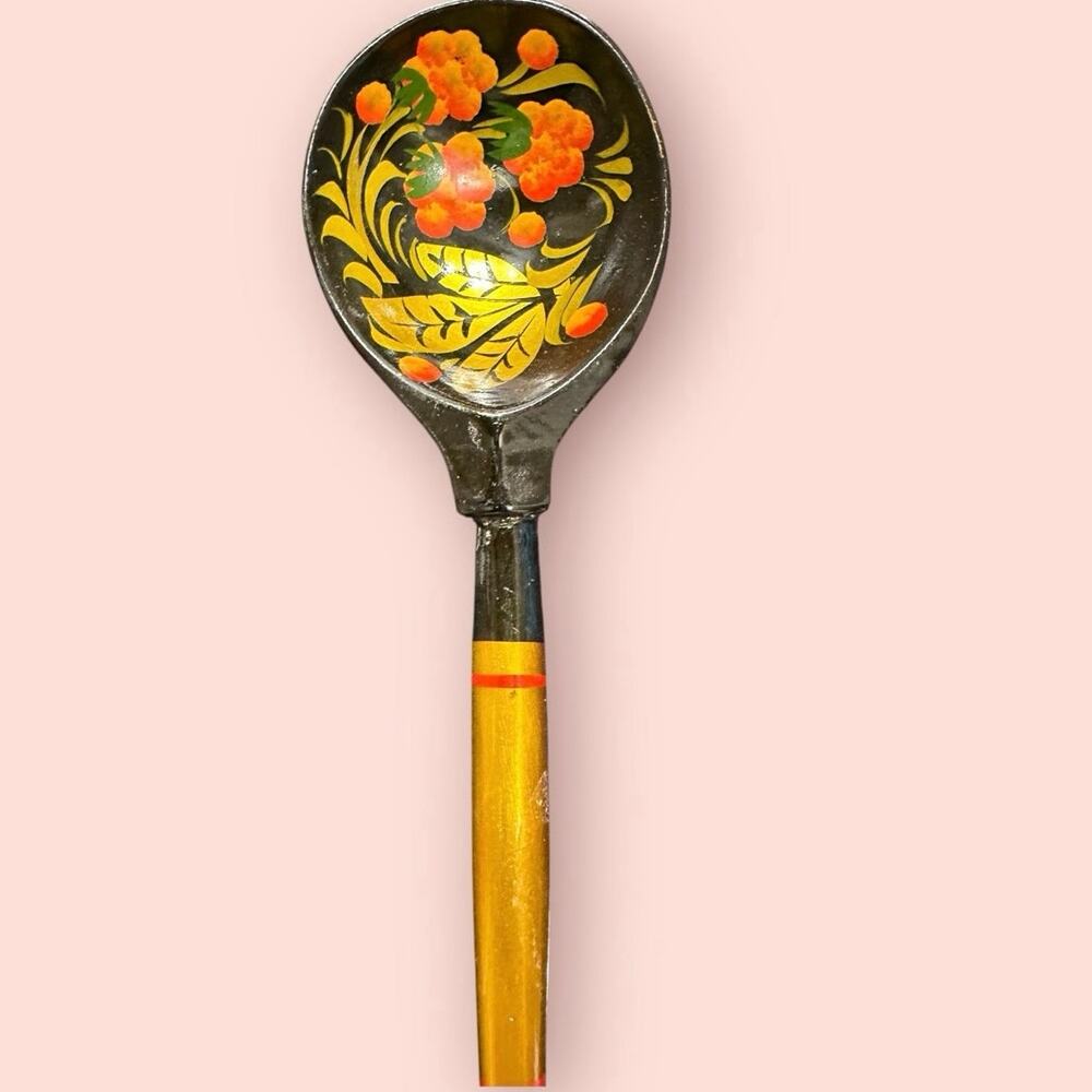 Russian Spoon Wooden Traditional Khokhloma Strawberry Hohloma Artwork 7.5"‎